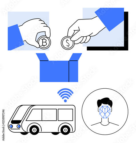 Bitcoin and dollar coins being placed in a box, autonomous vehicle, facial recognition, and wireless signal. Ideal for fintech, automation, AI, public transit, innovation security abstract line