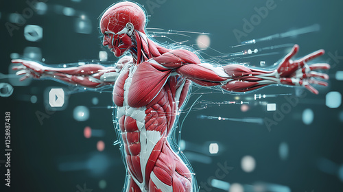 Fototapeta Naklejka Na Ścianę i Meble -  3d anatomical illustration of human muscle structure showing arm and torso. Music-Fueled Worlds. Illustration