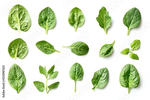 Various types of fresh spinach and leafy greens arranged neatly on a white background, suitable for culinary presentations and health marketing