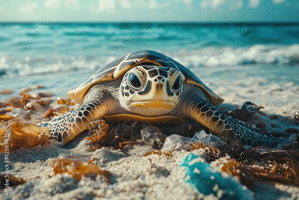 Fototapeta premium A turtle rests on a beach littered with plastic waste and debris, showcasing the impact of pollution on marine life