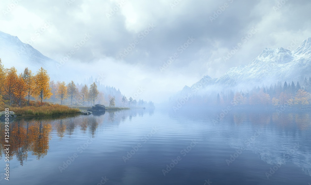 Fototapeta premium Serene mountain lake with reflections of autumn trees and a misty horizon, styled for a tranquil and picturesque scene
