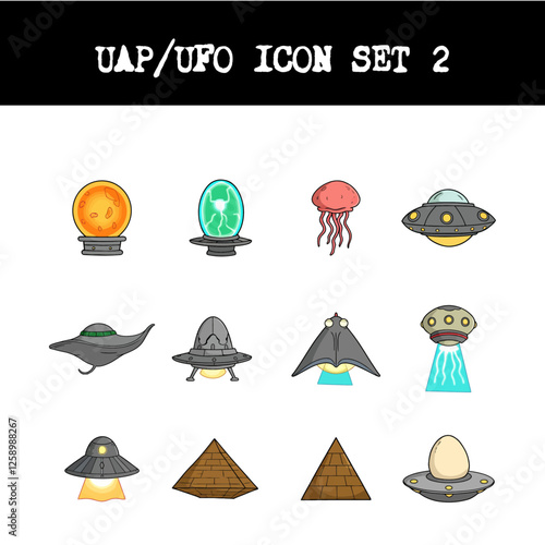 Vector Illustrated UAP UFO Icon set 2 - 12 Icon Set