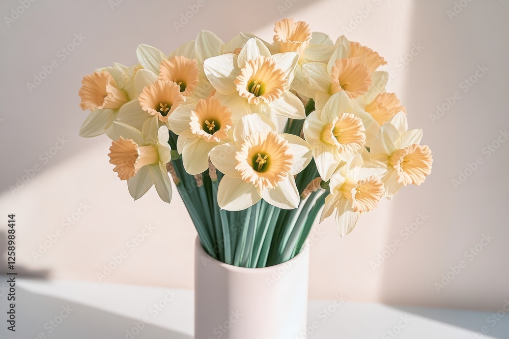 A lush bouquet of vibrant yellow daffodils in a white ceramic vase. Pastel colors. A lush bouquet of vibrant yellow daffodils in a white ceramic vase. Pastel colors.