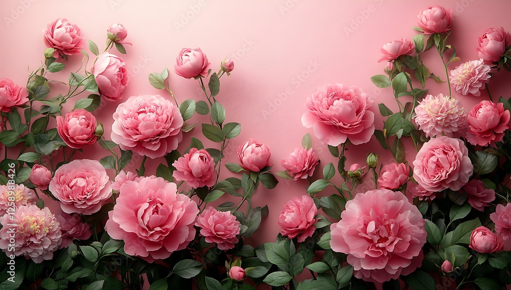 Fototapeta premium Vibrant Pink Peonies with Green Leaves on a Soft Pink Background