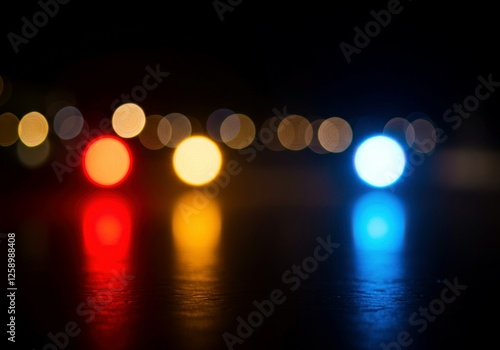 An abstract arrangement of red, yellow, and blue lights set against a precisely lit background.
 photo