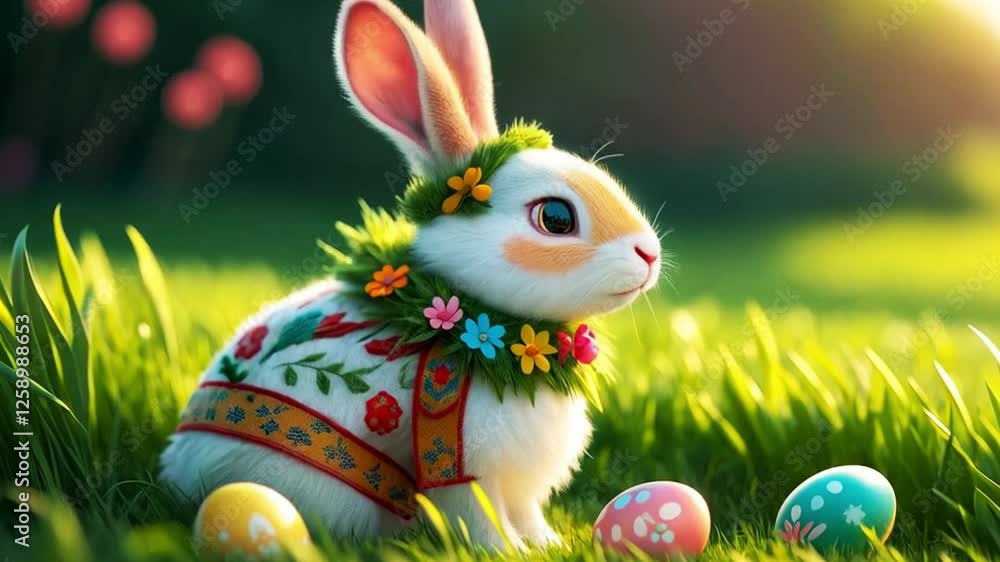 Talking Easter Bunny in Festive Spring Attire with Colorful Easter Eggs. Talking Easter Bunny in Festive Spring Attire with Colorful Easter Eggs.