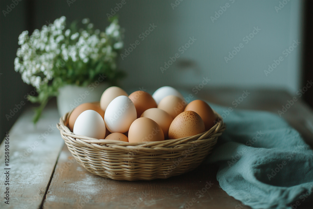 Freshly gathered eggs in a woven basket with a floral arrangement on a rustic wooden table Freshly gathered eggs in a woven basket with a floral arrangement on a rustic wooden table