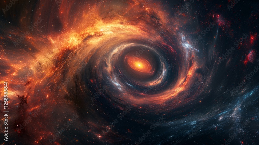 A massive black hole consumes galaxies, swirling fiery matter, distorting space-time, contrasting darkness with cosmic light in a breathtaking celestial event. A massive black hole consumes galaxies, swirling fiery matter, distorting space-time, contrasting darkness with cosmic light in a breathtaking celestial event.