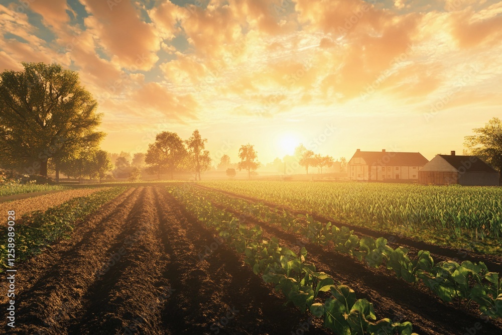 Obraz premium A farm bathed in the golden light of a rising sun