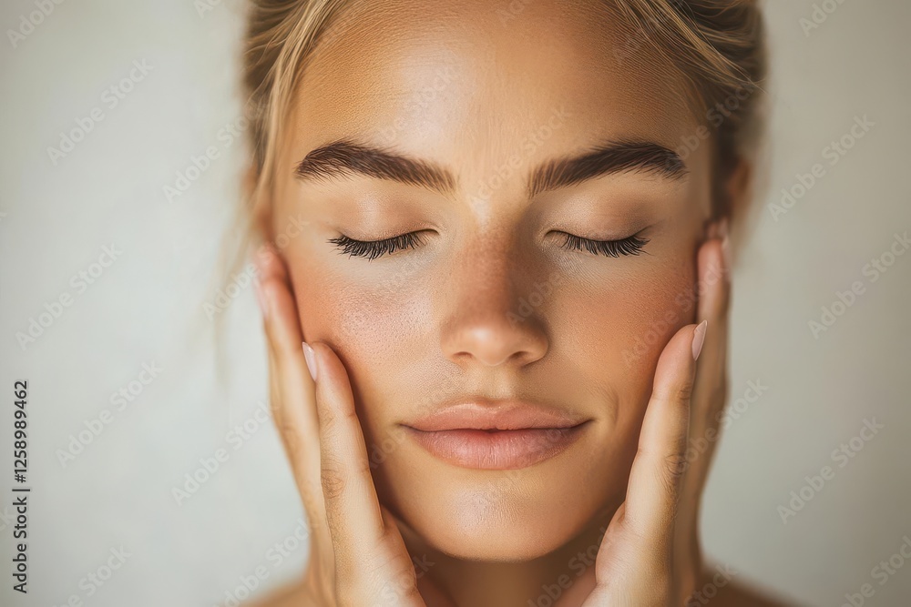 Beautiful Young Woman Touching Face, Soft Lighting for Skincare Advertising Beautiful Young Woman Touching Face, Soft Lighting for Skincare Advertising