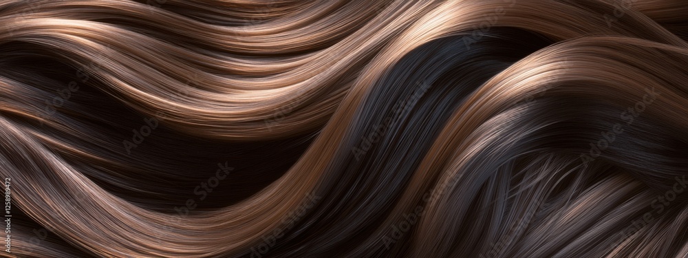 Dark brown and black flowing hair texture with glossy highlights. Abstract wavy strands background. Design for beauty, fashion, wallpaper, print, banner. Dark brown and black flowing hair texture with glossy highlights. Abstract wavy strands background. Design for beauty, fashion, wallpaper, print, banner.