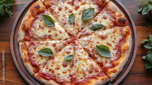 Sliced pizza on wooden board, fresh basil, food photography photo