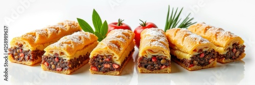 Delicious pastry rolls with mixed fruit and nut filling on white background photo