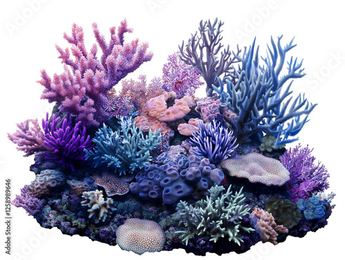 Blue coral reef for aquariums, colorful ocean ecosystem isolated on a transparent background