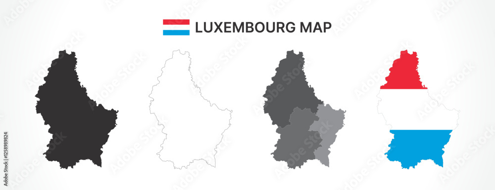 Fototapeta premium Detailed Luxembourg Map Collection with Outline, Silhouette, Districts, and Flag Overlay Variations