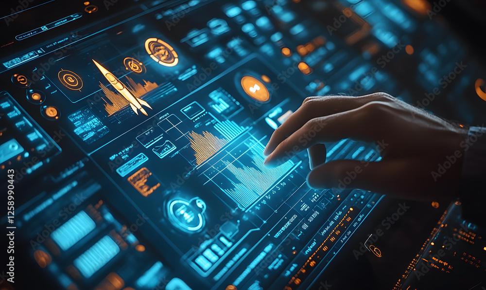 Obraz premium Futuristic Digital Interface Data Analysis Showing Rocket Launch Metrics and Progress
