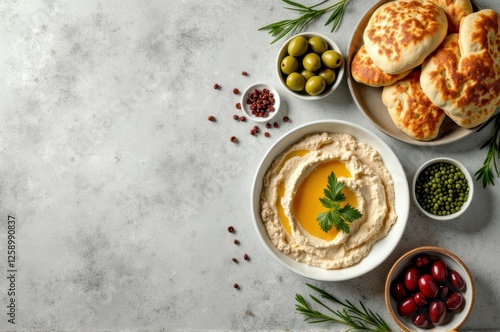 Wallpaper Mural Hummus bowl with olive oil, fresh bread, olives, and herbs on a rustic table setting Torontodigital.ca
