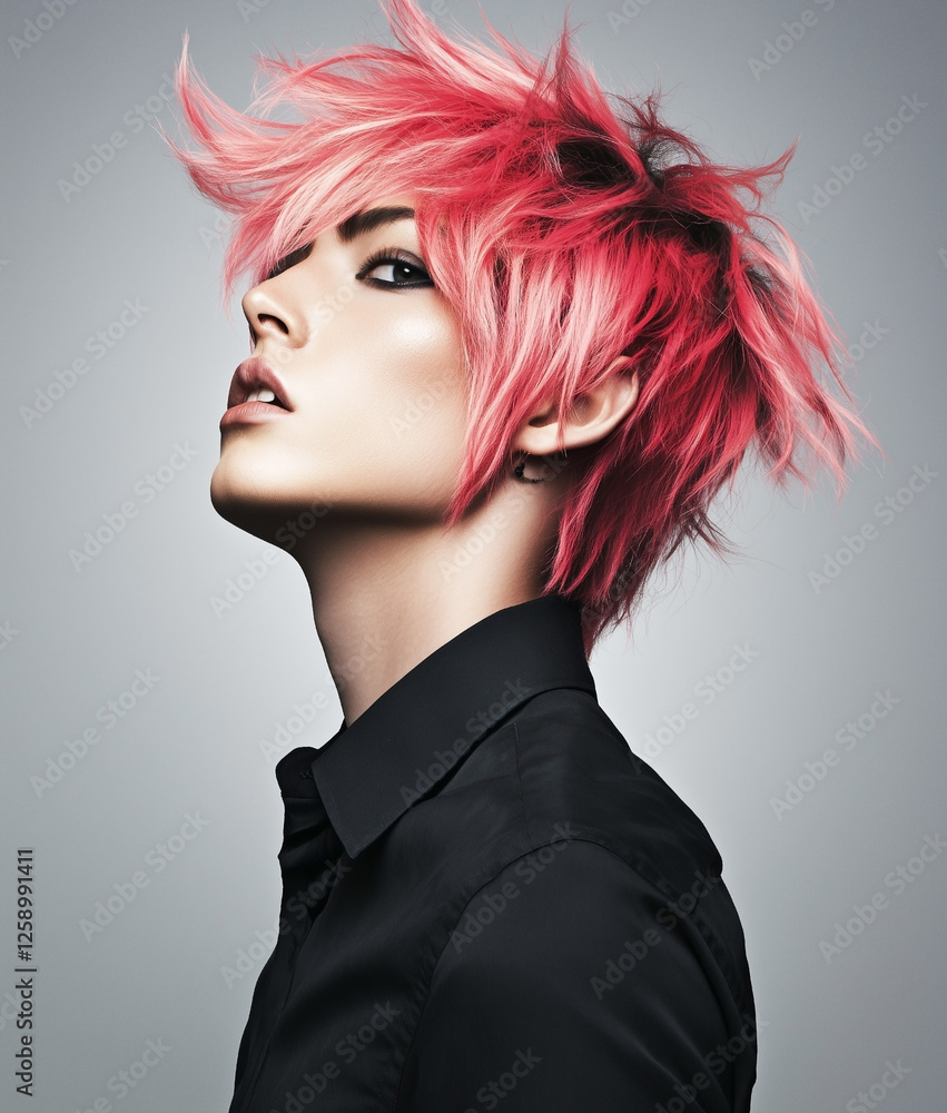 Obraz premium Japoński chłopak z ciekawą fryzurą na głowie, boczne zdjęcie na białym tle, czerwone włosy