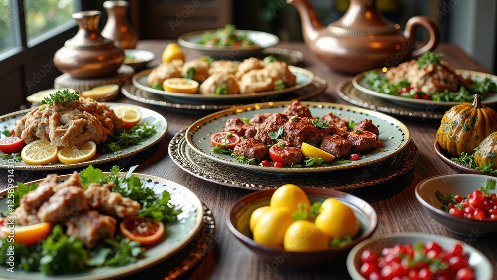 Obraz premium Autumn feast with diverse dishes and seasonal vegetables on rustic table