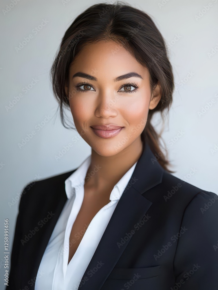 Confident Businesswoman Smiling at Camera against Clean White Background Confident Businesswoman Smiling at Camera against Clean White Background