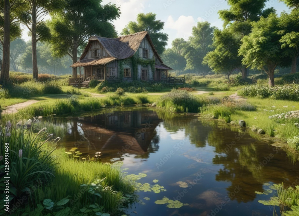 Obraz premium Countryside farm with a small pond and lush vegetation, sauerland region, green fields, traditional farm buildings
