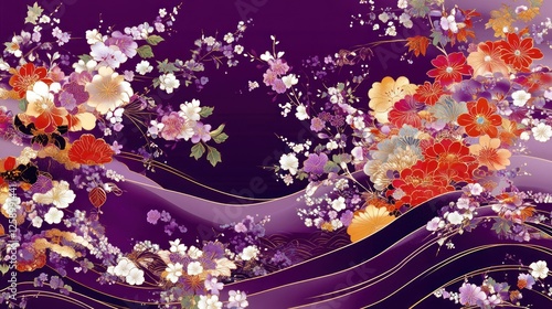 Purple floral wave pattern with red, gold, and white flowers.