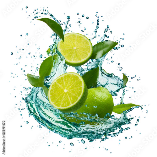 Water splash in abstract shape with fresh lime pieces 