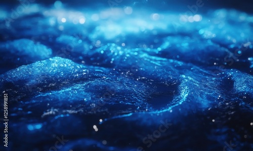 Sparkling icy surface with delicate frost patterns illuminated by soft blue light, evoking the crispness of winter