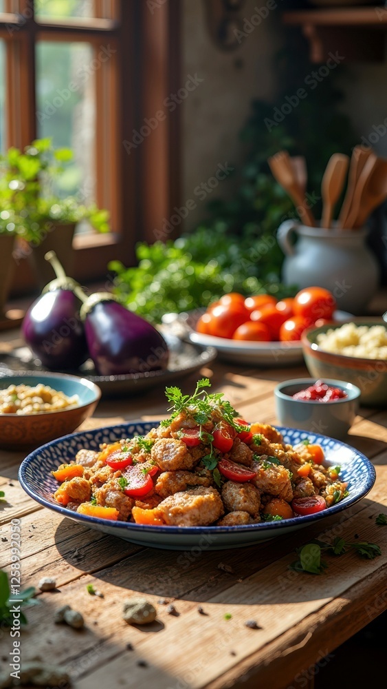 Fototapeta premium Rustic mediterranean kitchen with fresh ingredients and vibrant summer salad on wooden table