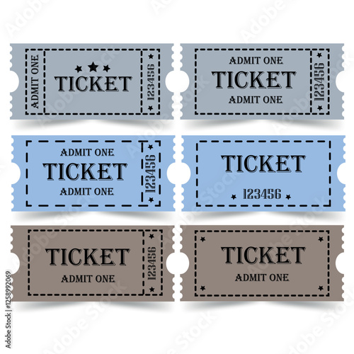 A set of vintage old ticket icons in vector format. Retro ticket design template. Tickets for cinema, movie, circus, carnival, film, festival, etc. Vector ticket illustrations.