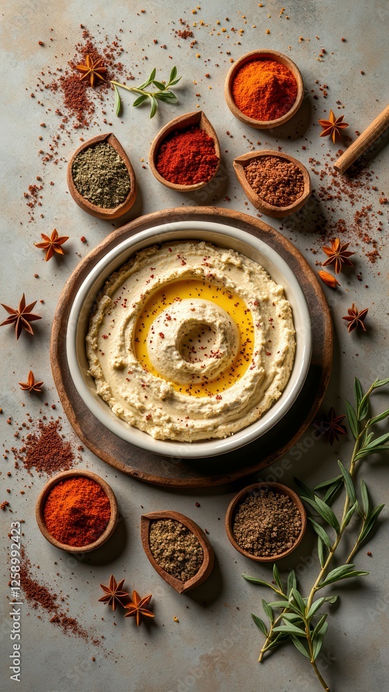 Creamy hummus bowl surrounded by colorful spices and olive branches Creamy hummus bowl surrounded by colorful spices and olive branches
