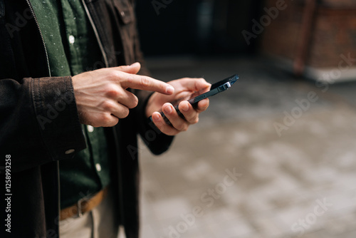Obraz na plátně Cropped shot of unrecognizable man holding and using smartphone on city street, browsing internet, checking social media, using modern mobile app