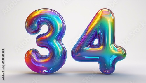 Generated image  3d glass holographic liquid transparent numbers font 34, 3 and 4. Rainbow glossy balloon. photo