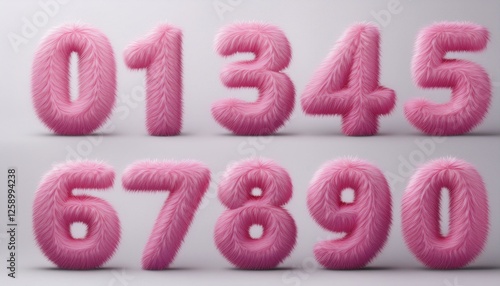 Structure Reference Image. 3d pink fluffy numbers from 0 to 9. 