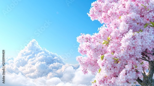 Cherry blossom tree above clouds, spring scene