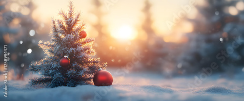 A Small Christmas Tree in a Snowy Winter Wonderland at Sunset photo