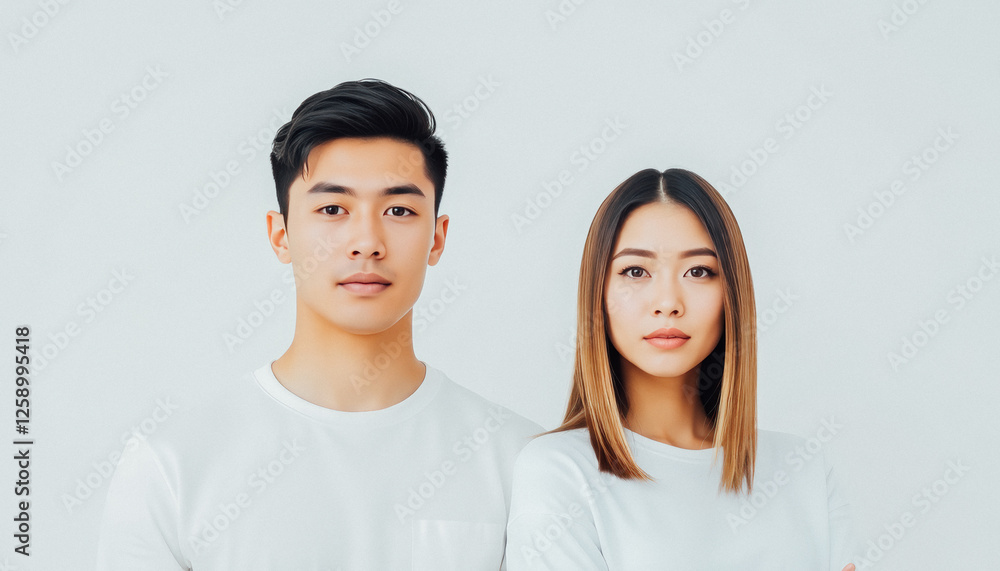 A young couple dressed in white, standing together with a warm and loving gaze, perfect for Valentine's Day romance themes. A young couple dressed in white, standing together with a warm and loving gaze, perfect for Valentine's Day romance themes.