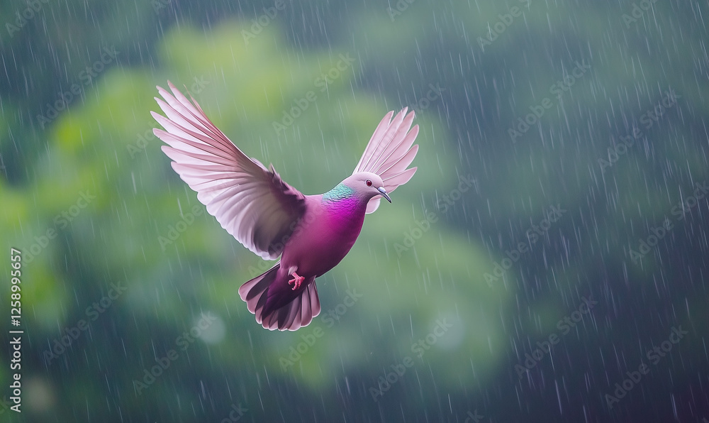 Fototapeta premium A plum dove gliding gently through misty air with soft wings, symbolizing calm and tranquility