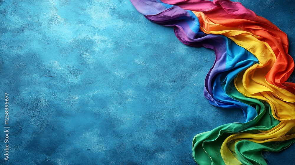 Obraz premium Rainbow flag draped on blue background, LGBTQ+ pride, celebration, diversity