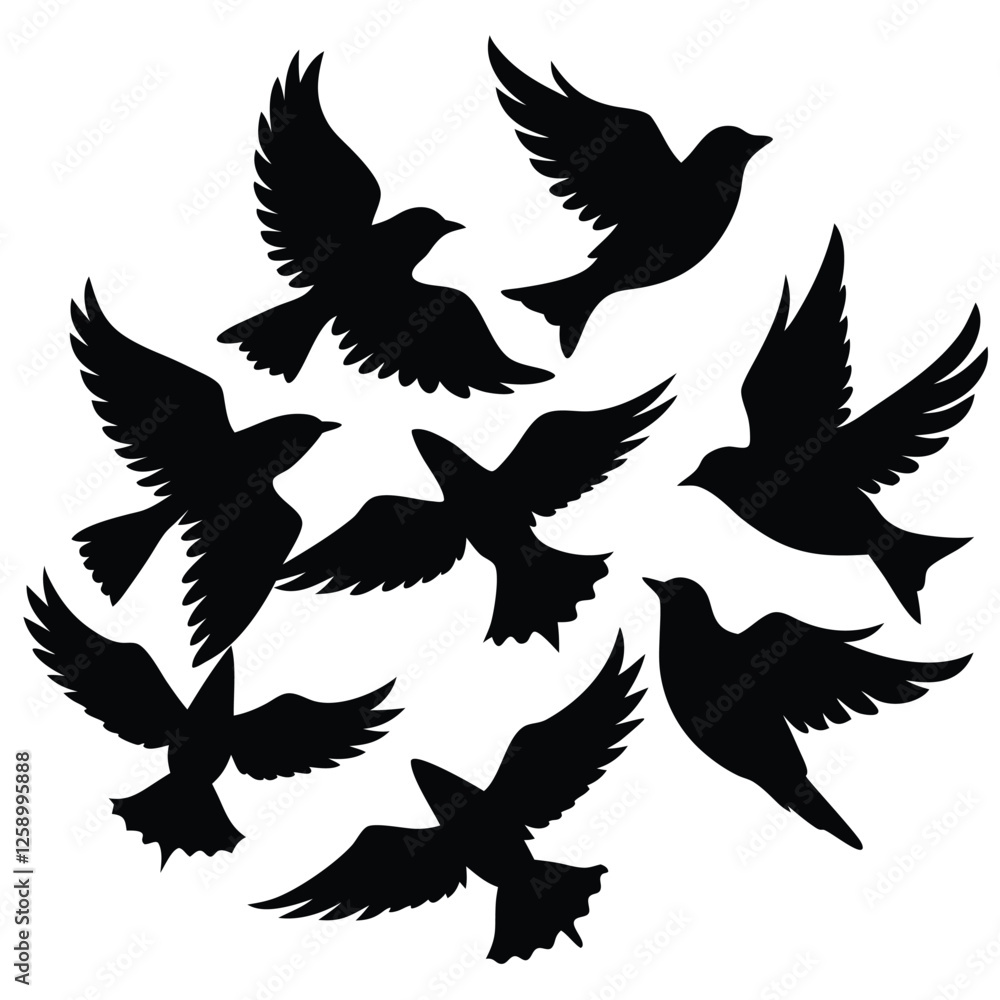 Obraz premium Black silhouette birds flying in various positions against a plain background depicting freedom and nature
