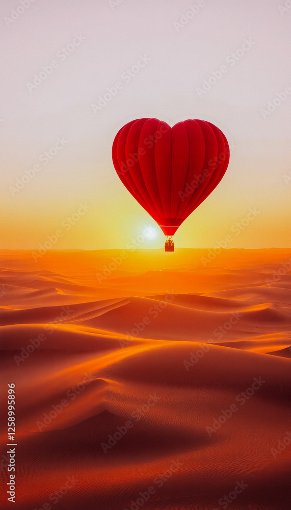 Fototapeta premium Heart-shaped hot air balloon over desert at sunset for Valentine's Day