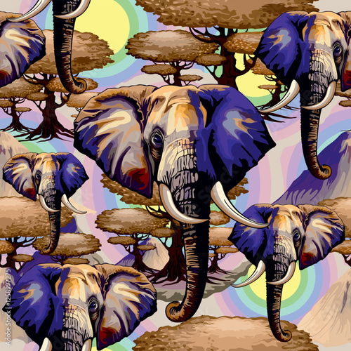 African Surrael Elephant, Acacias and Kilimanjaro Mountain on Soft Pastel Rainbow Seamless Repeat Pattern Design 
