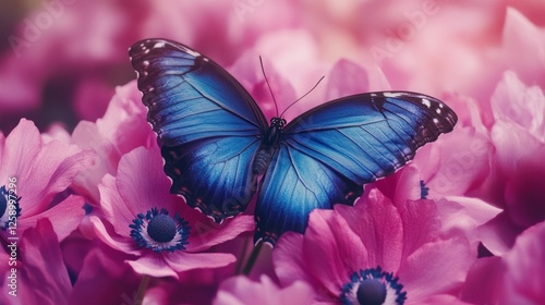 Blue Morpho Butterfly Among Pink Flowers photo