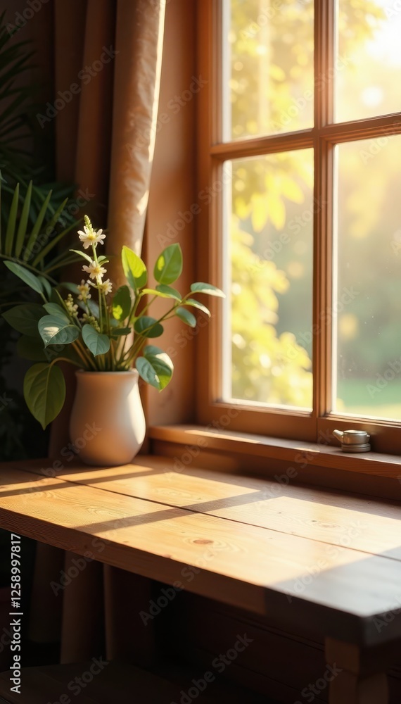 Warm wood grain table, dreamy window & curtain, still life, serene, curtain Warm wood grain table, dreamy window & curtain, still life, serene, curtain