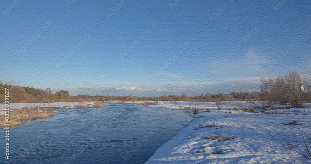 River with a snowy bank and a clear blue sky River with a snowy bank and a clear blue sky