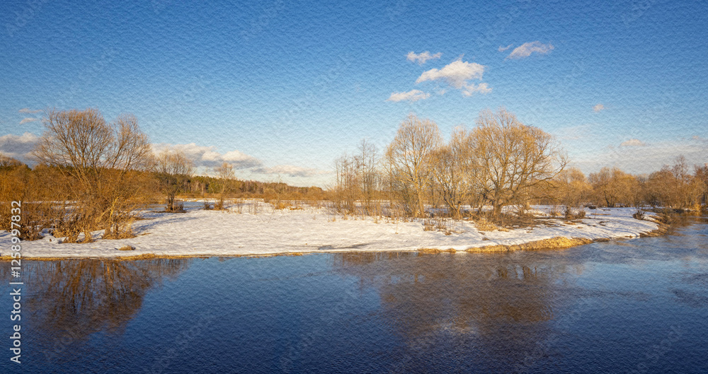 Snowy landscape with a body of water and trees in the background Snowy landscape with a body of water and trees in the background