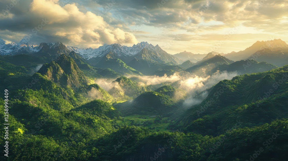 Majestic Mountain Peaks at Sunrise, Panoramic View for Adventure Travel Campaigns Majestic Mountain Peaks at Sunrise, Panoramic View for Adventure Travel Campaigns