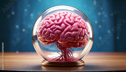 pink brain inside a glass sphere