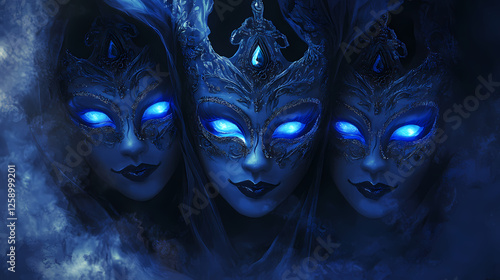 Mysterious masks: three enigmatic, dark blue venetian-style masks with glowing blue eyes, shrouded in a smoky atmosphere, create a captivating and mysterious scene. Otherworldly Carnival. Illustration photo