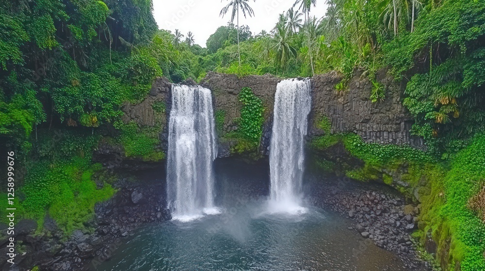 Obraz premium Twin Waterfalls Cascading Through Lush Tropical Foliage